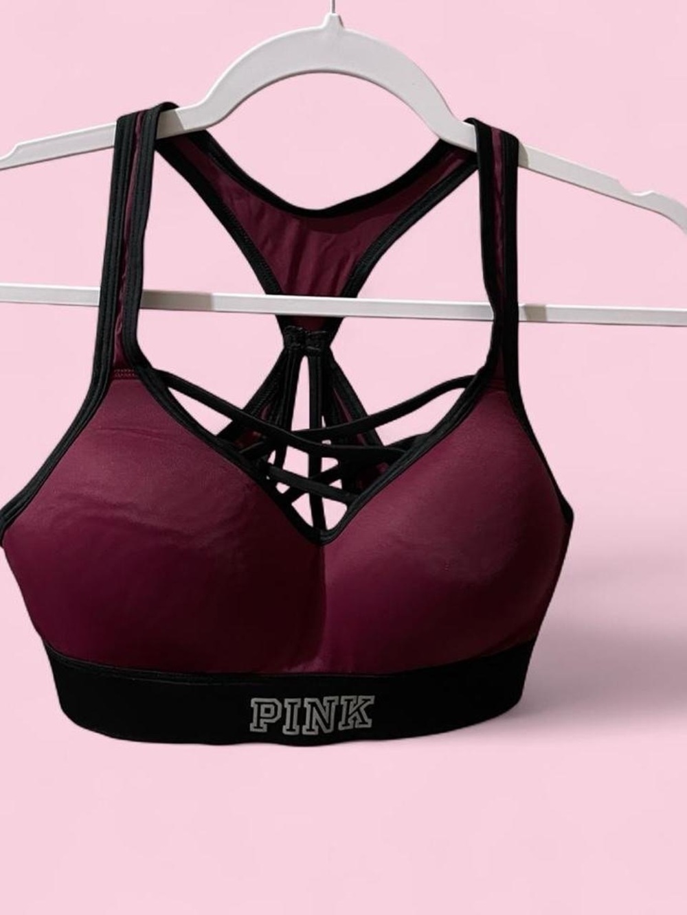 PINK Victoria's Secret Medium Strappy Back Sports Bra Burgundy with Black Band